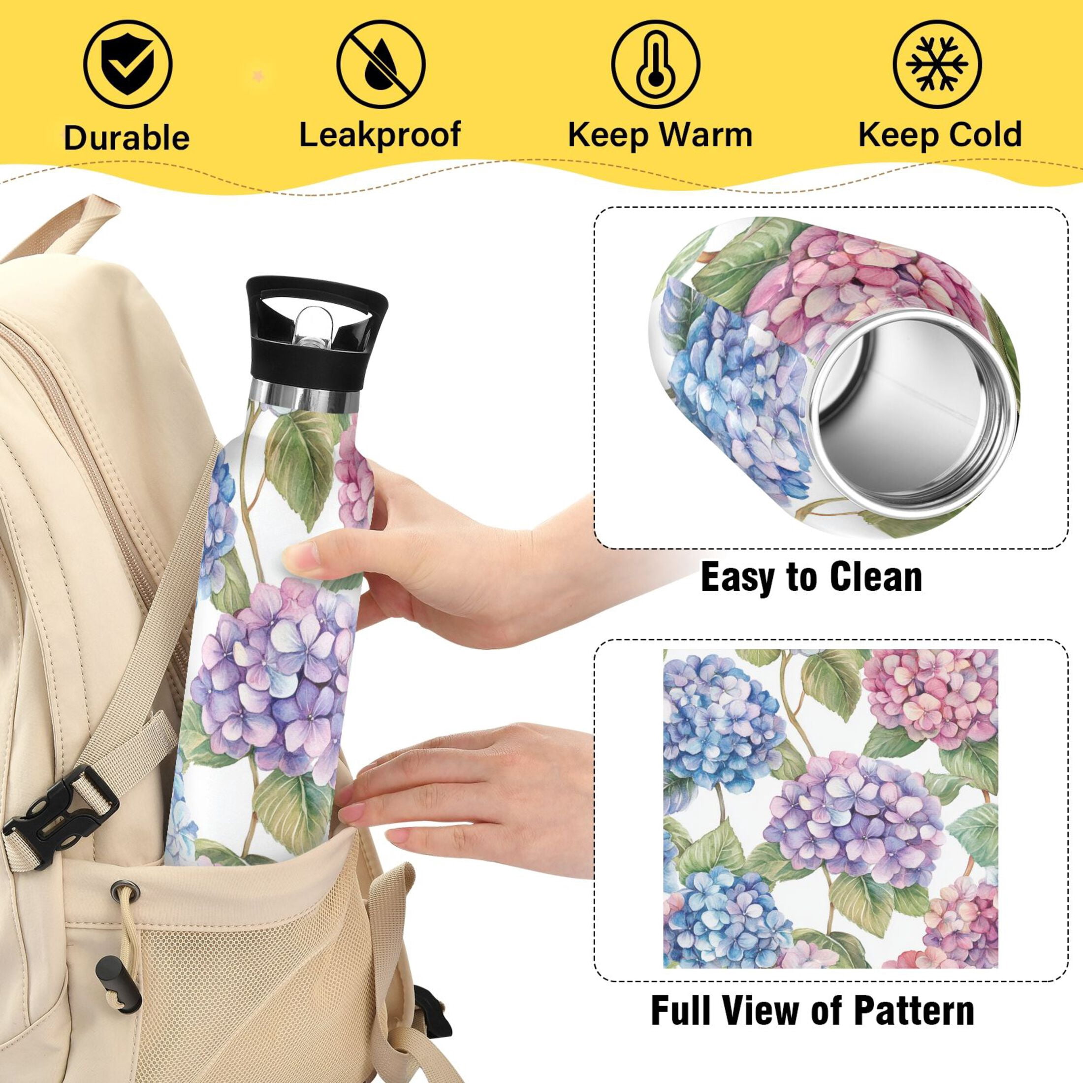 600ML Stainless Steel Insulated Cup Sports Water Bottle Portable Thermos Cup Water Glasses Insulated Tumblers Convenient and Durable Beautiful Hydrangeas