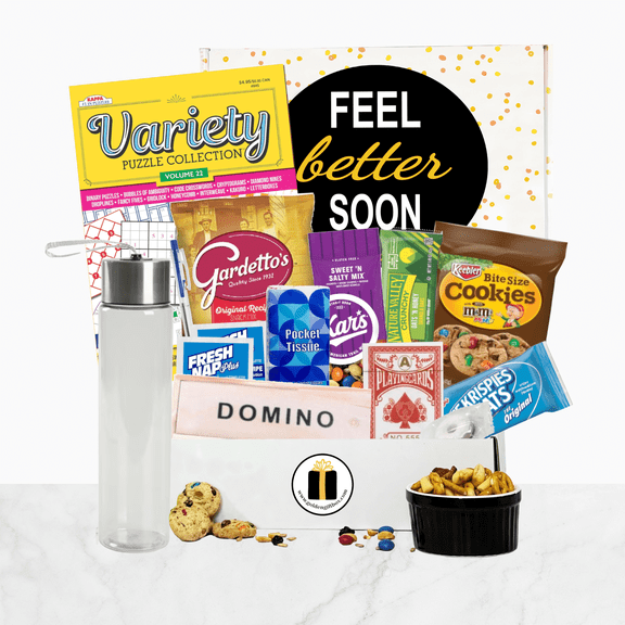 Get Well - Feel Better Soon Gift Care Package - Includes Boredom Busters, Snacks, Water Bottle, More - Several to Choose From (Feel Better Soon- For Those Recovering From Injury or Social Di