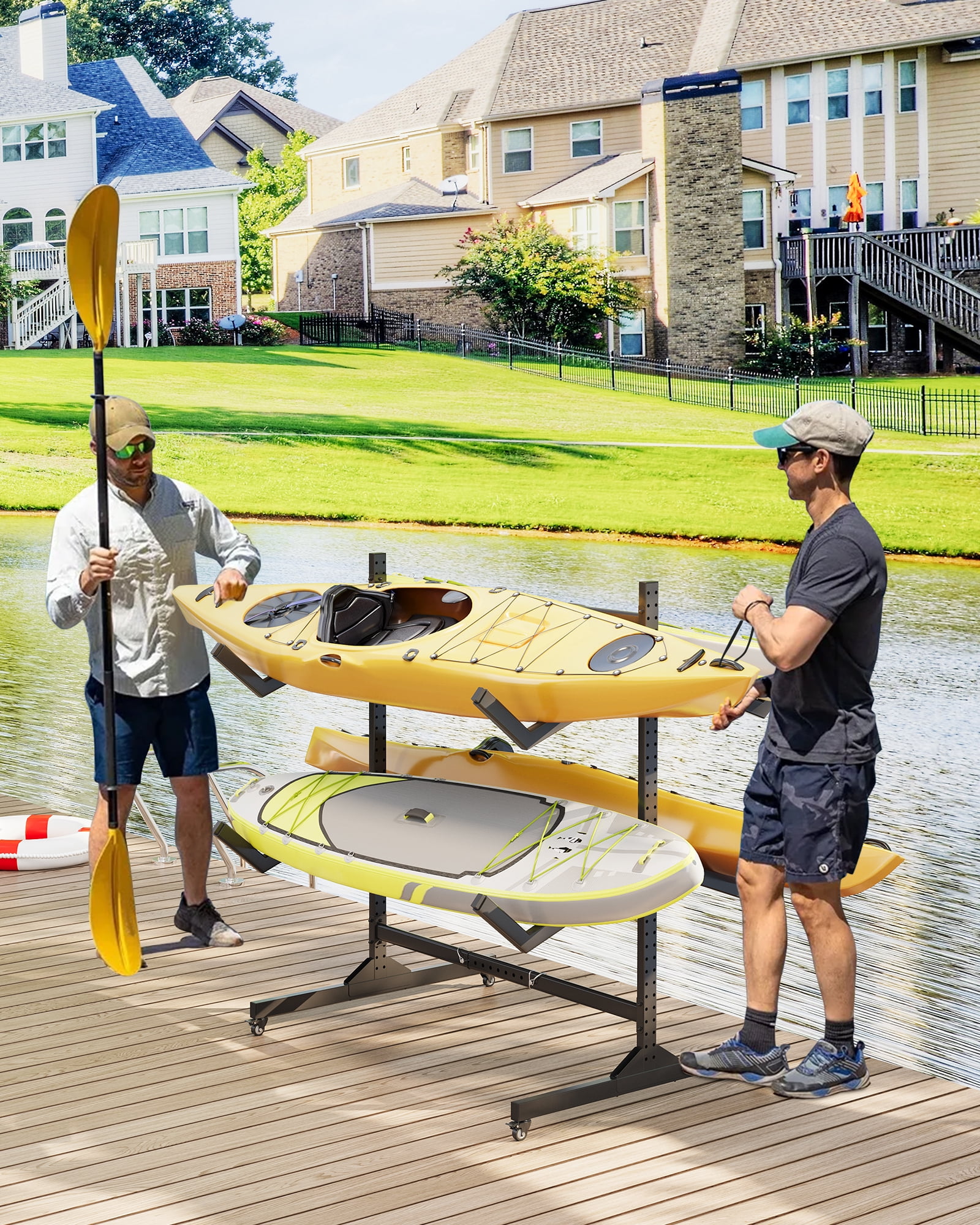 Mescukay Freestanding Kayak Storage Rack for 4 Kayaks, Kayak Racks for Outdoor Storage with Movable Wheels, Kayak Stand Heavy Duty Storage for Canoe, SUP and Surfboard