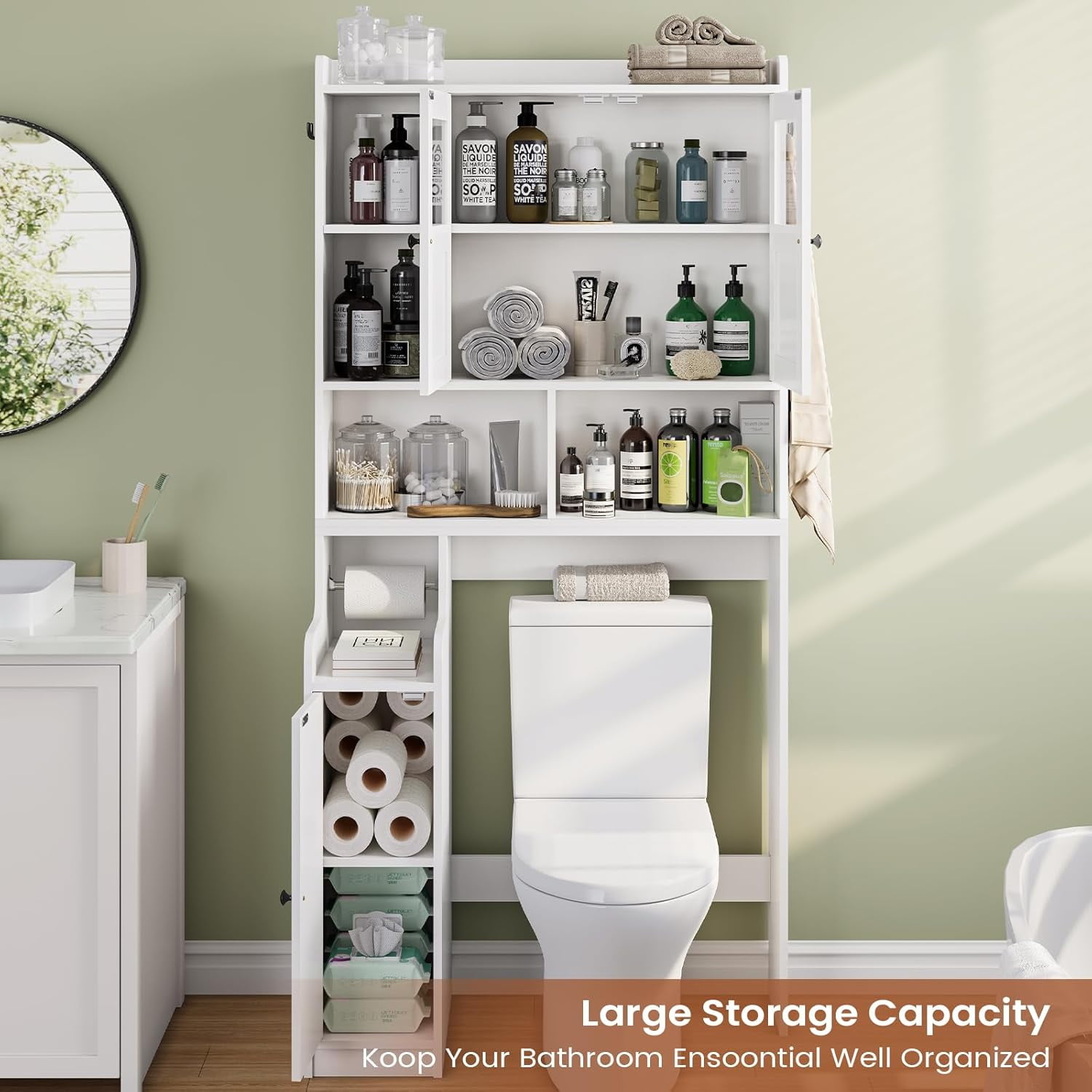 Over The Toilet Storage Cabinet with 3 Doors, Farmhouse Space Saver for Bathroom Organizer with Paper Holder, 10 Shelves and Hooks, 7-Tier Over Washing Machine Cabinet for Laundry, Bathroom, White