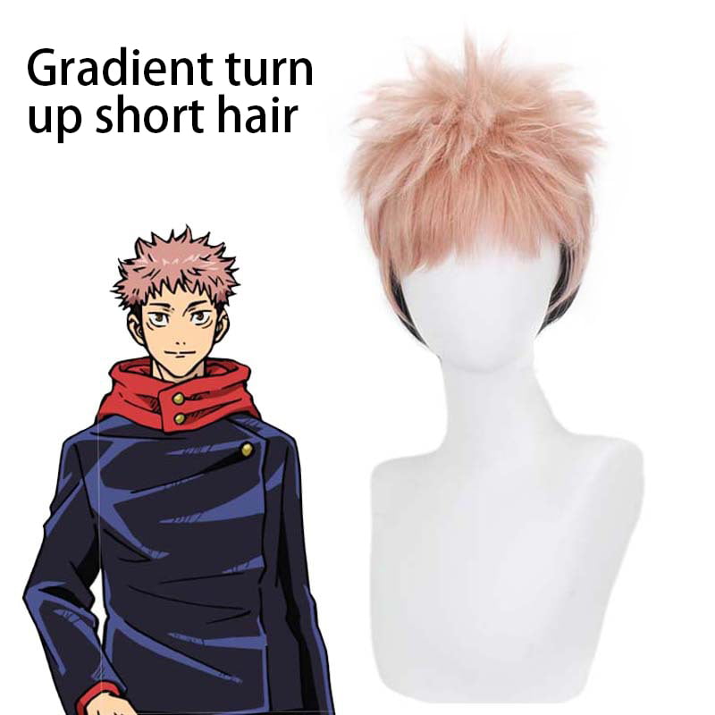 Gradient Turn up Short Hair Wig Itadori Yuji Japanese Anime Cosplay Prop Men  Short Curly Headwear 