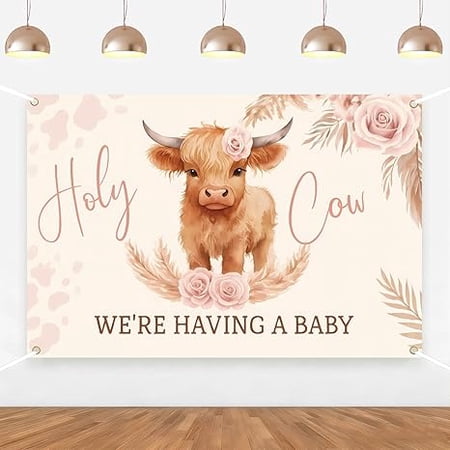Holy Cow Baby Shower Backdrop Pink Highland Holy Cow We are Having a Baby Photography Backdrop for Floral Farm Animals Cow Print Baby Shower Gender Reveal Decor Supplies Photo Props 5 * 3ft