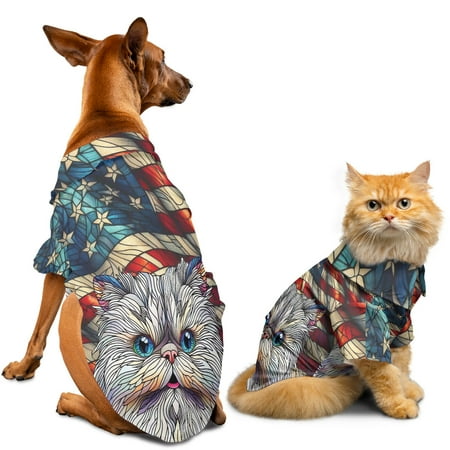Patriotic Persian Stained Glass Portrait American Flag Hawaiian Summer Shirt for Small Medium Large Dog Cat Cat Lover Kitten Owner Gifts - 01010