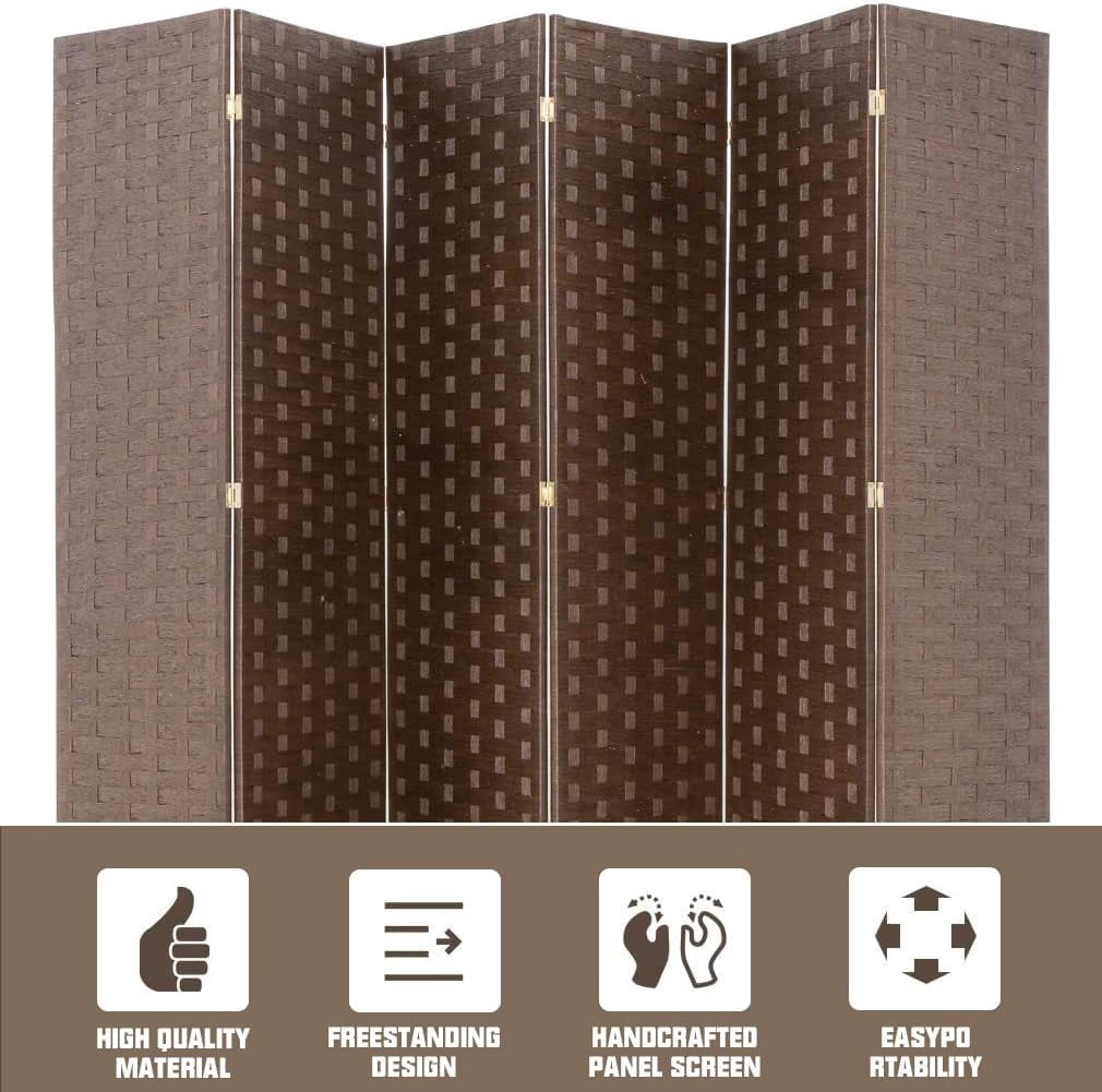 Dkelincs Wood Room Dividers 6 Panels Portable Folding Partition Screen Wood Mesh Woven Design Wall Divider(Brown)