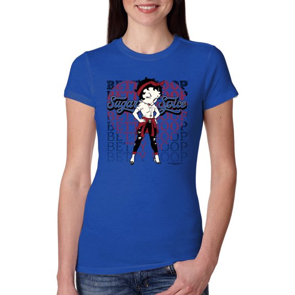 Wild Bobby, Betty Boop Sugar and Spice Wink Betty Boop Womens Slim Fit Junior Tee, Royal, Medium