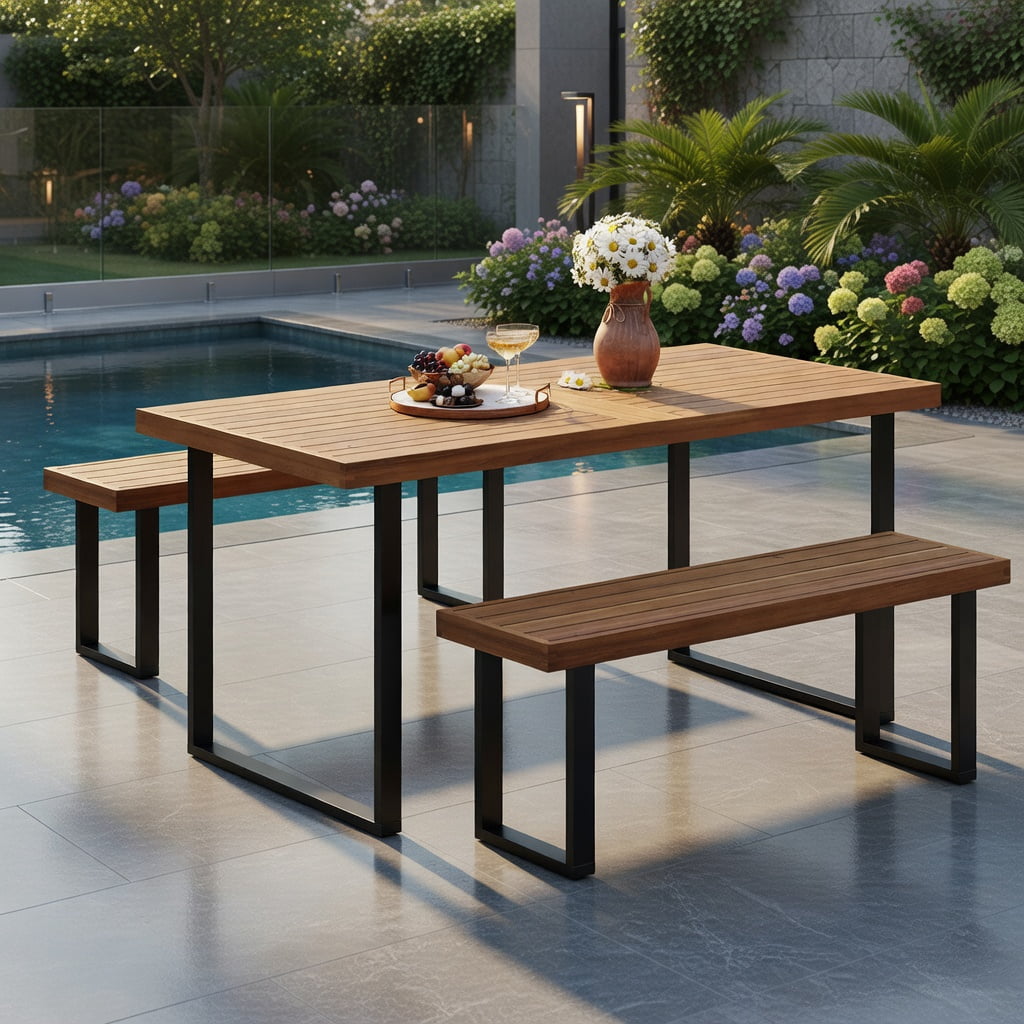 Hommoo Set of 2 Acacia Wood Outdoor Patio Benches, 48" Dining Bench with Heavy-Duty Metal Frame, Weather-Resistant Garden Seating, Natural & Black