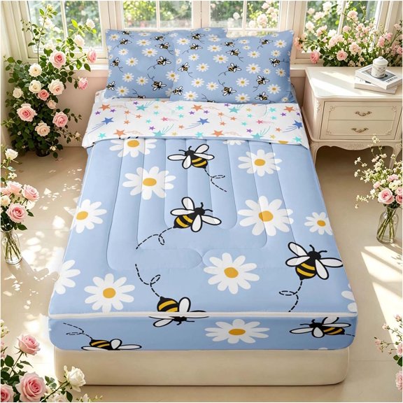 Erosebridal Kawaii Bee Zipper Twin Comforter Sets with Fitted Sheet and 2 Pillowcases,Vintage Daisy Floral Zipper Bedding Set,Blue White,Colorful Stars Reversible,4pcs