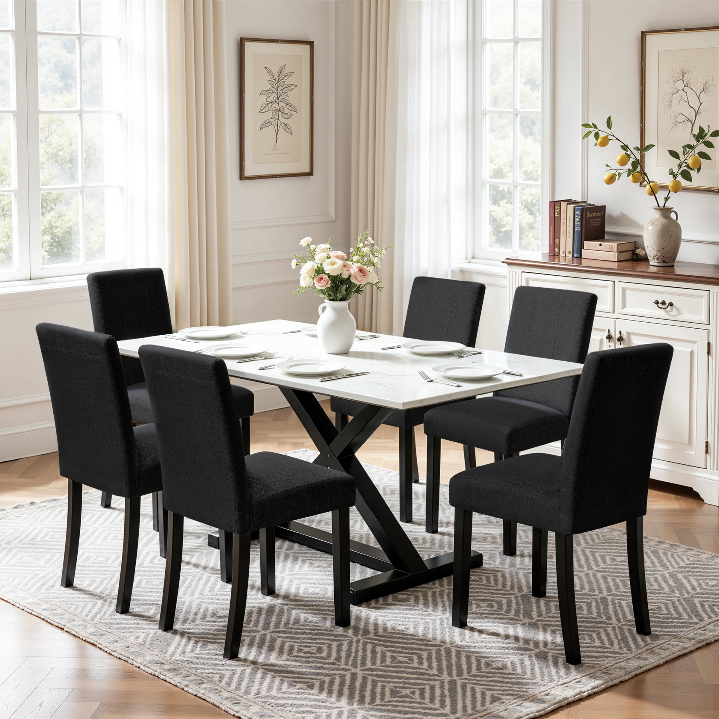 CHUN YI Upholstered Dining Chairs Set of 2, Modern Farmhouse Fabric Dining Chairs with Solid Rubberwood Frame for Kitchen & Dining Room, Black
