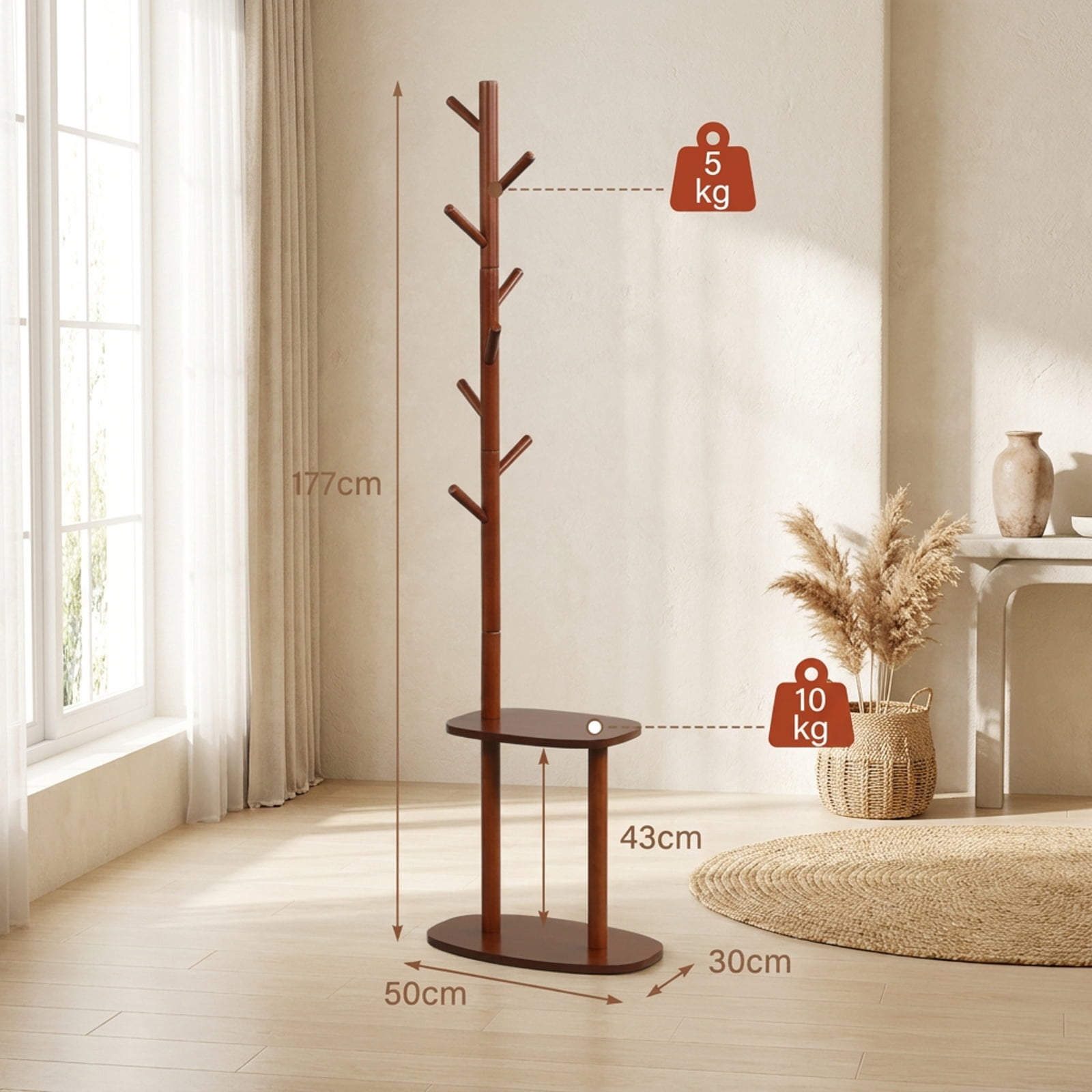 Furnibear 70 Inch Freestanding Coat and Hat Rack Stand with 8 Rubber Wood Hooks and 2 Storage Shelves for Entryway Bedroom Living Room, Walnut