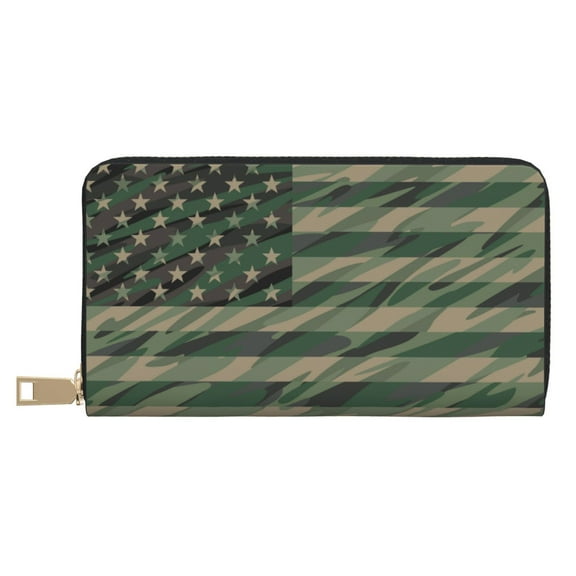 Leather Thin Slim Wallets for Women Men - Jungle Green Camo USA Flag Clutch Card Wallet for Women Men with Zipper