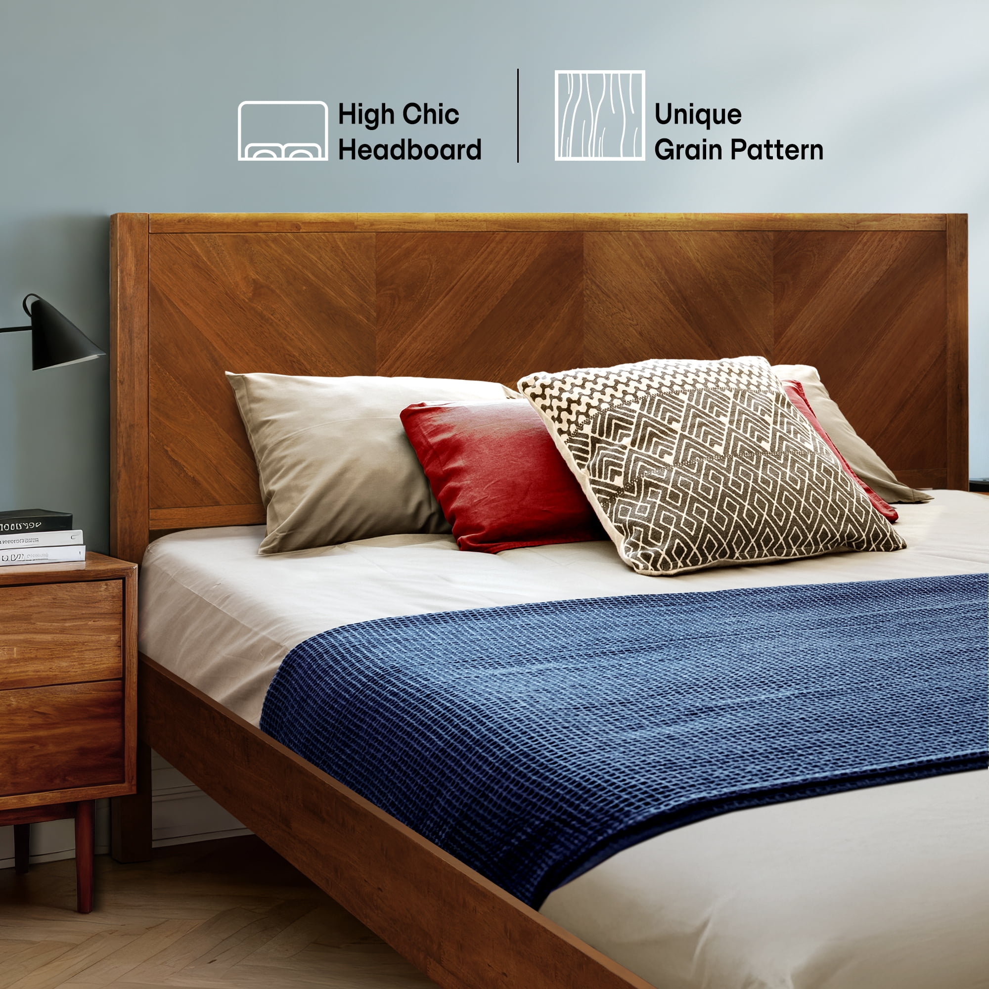Acacia Alander Bed Frame with Headboard Bed Frame Queen Size Solid Wood Platform Bed, Scandinavian Signature High Headboard Wood Bed Compatible with All Mattress Types, 30 Mins Assembly, Walnut