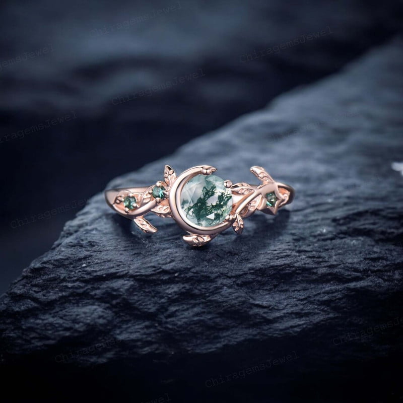 CHIRAGEMSJEWEL 5 MM / Natural Moss Agate Engagement Ring Nature Inspired Cluster Promise Ring Green Gemstone Branch Bridal Ring Yellow Goild Gift Jewelry