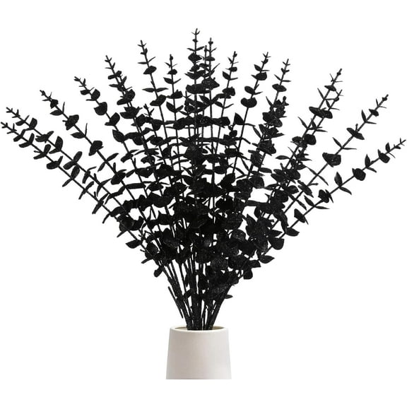 Black Glitter Artificial Eucalyptus Greenery Plants 5PCS 33'' Fake Eucalyptus Stems Faux Eucalyptus Leaves for Halloween Decorations Flower Arrangements Tall Vases Winter Festivals (Black)