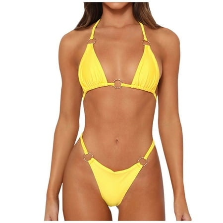 Women Swimsuits Elegant Monochrome 2 Piece Split Cut High Waisted Bikini Set Beachwear Yellow Women Bathing Suits L