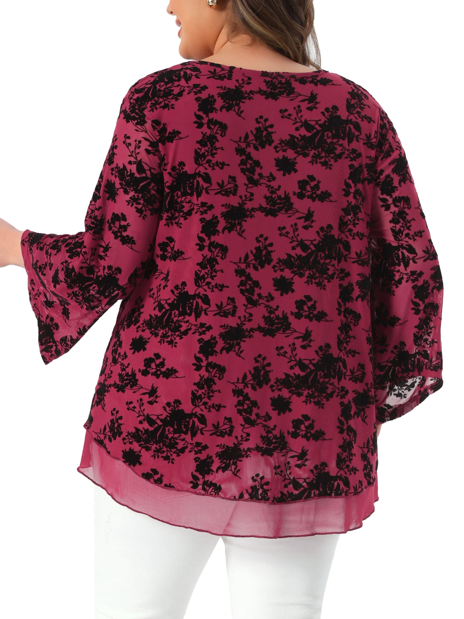 DARING DIVA Women's Plus Women's Dressy Blouse V Neck Mesh Flowy Work Shirts 2X Burgundy