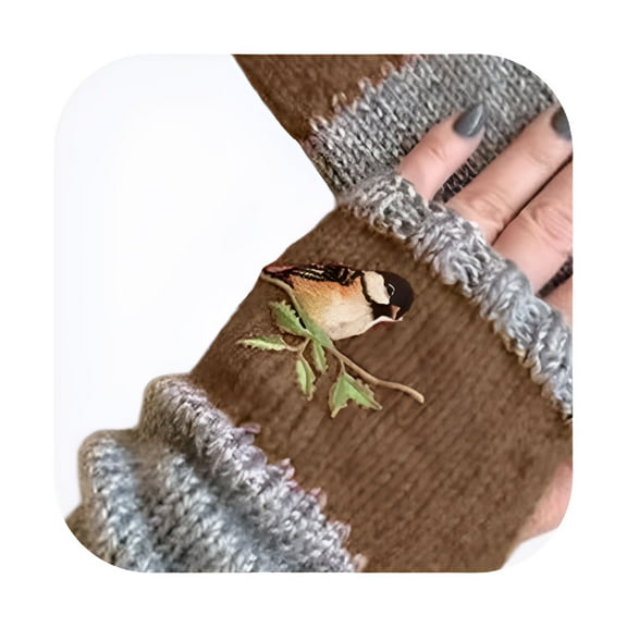 TELOLY Women Winter Gloves,Cute Bird Embroidered Soft Knit Hand Warm Fingerless Mitten for Office Computer Working