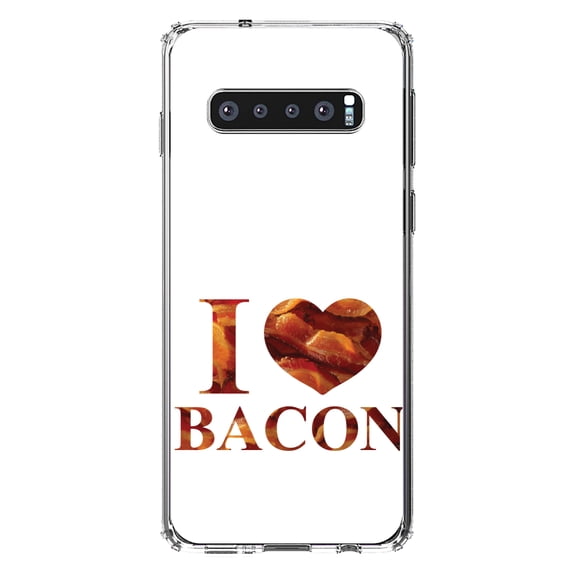 DistinctInk Clear Shockproof Hybrid Case for Samsung Galaxy S10 (6.1" Screen) - TPU Bumper, Acrylic Back, Tempered Glass Screen Protector - White Bacon Writing I Heart Bacon - Bacon
