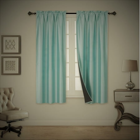 Silk Teal Curtains Tom Teal Blue 2-Piece 100% Blackout Room Darkening Rod Pocket Window Curtain With Black Foam Backing Set, Solid Thermal Lined Panels 35