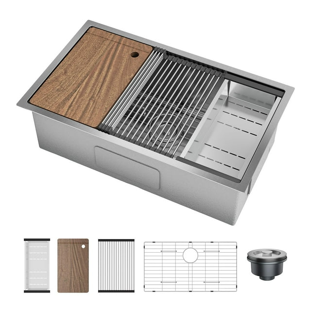 GloryStar Stainless Steel Workstation Sink Set offers an undermount design, complete with bottom grid, multi-use cutting board, strainer, and drying rack