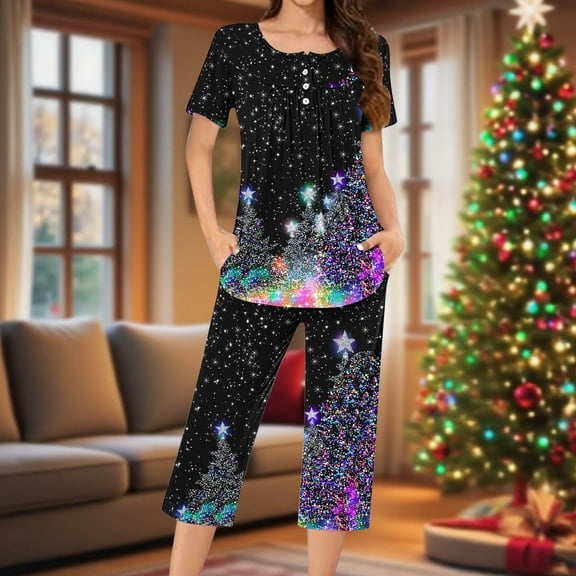 Wowcloth Woman's Pajama Set, Loose-Fit Christmas Print Round Neck Short Sleeve Button-Up Top with Capris, Cozy Sleepwear for Home and Lounge