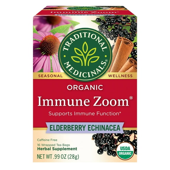 (4 pack) Traditional Medicinal Immune Zoom Elderberry Echinacea, Organic Tea Bags, 16 Count