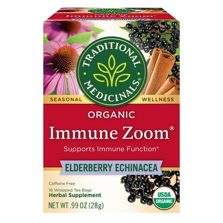 (4 pack) Traditional Medicinal Immune Zoom Elderberry Echinacea, Organic Tea Bags, 16 Count