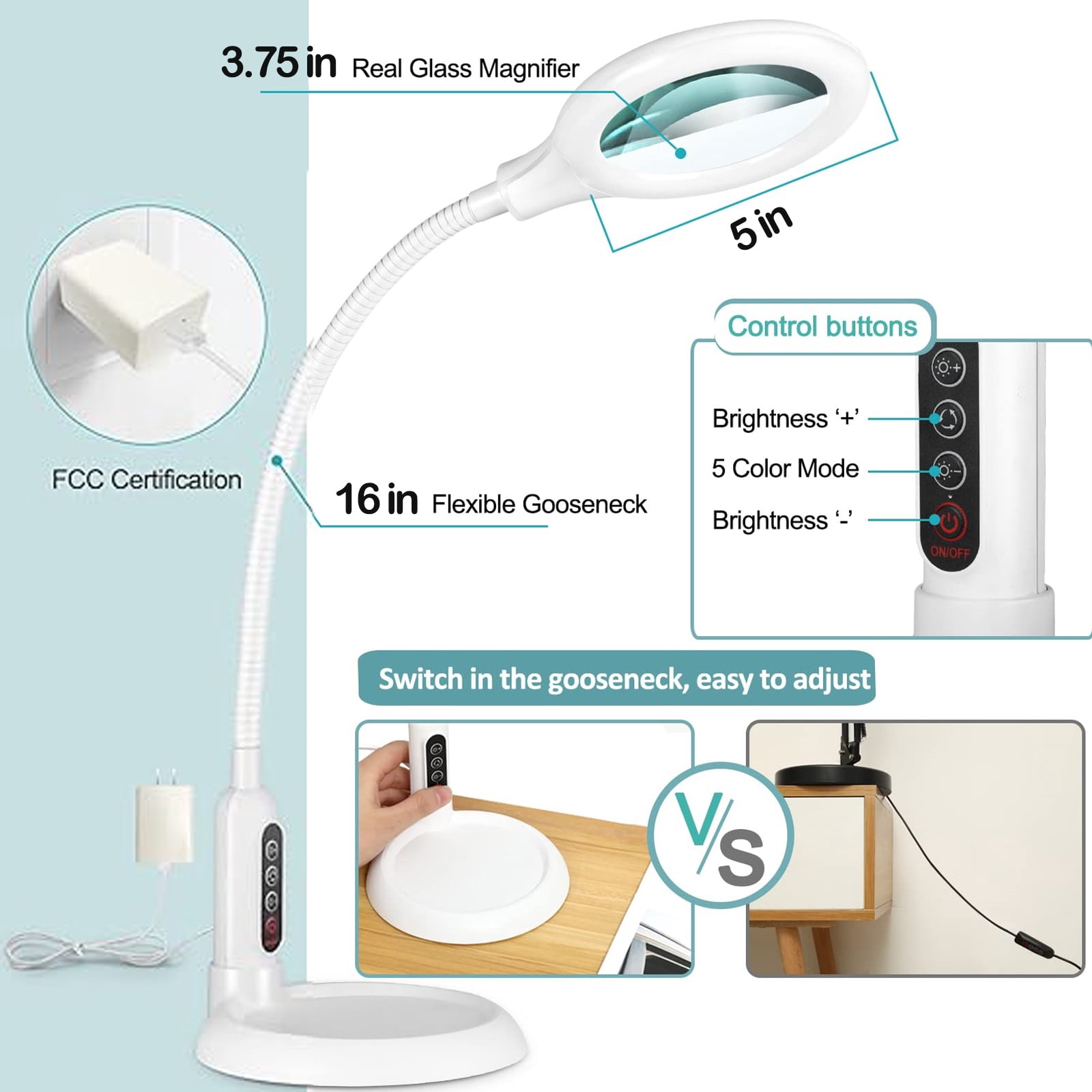 MagnieOpti Lighted Magnifying Glass with Clamp & Stand ,5 Color Modes Stepless Dimming, Hands-Free Flexible Gooseneck LED Lamp  for Craft Reading Repair