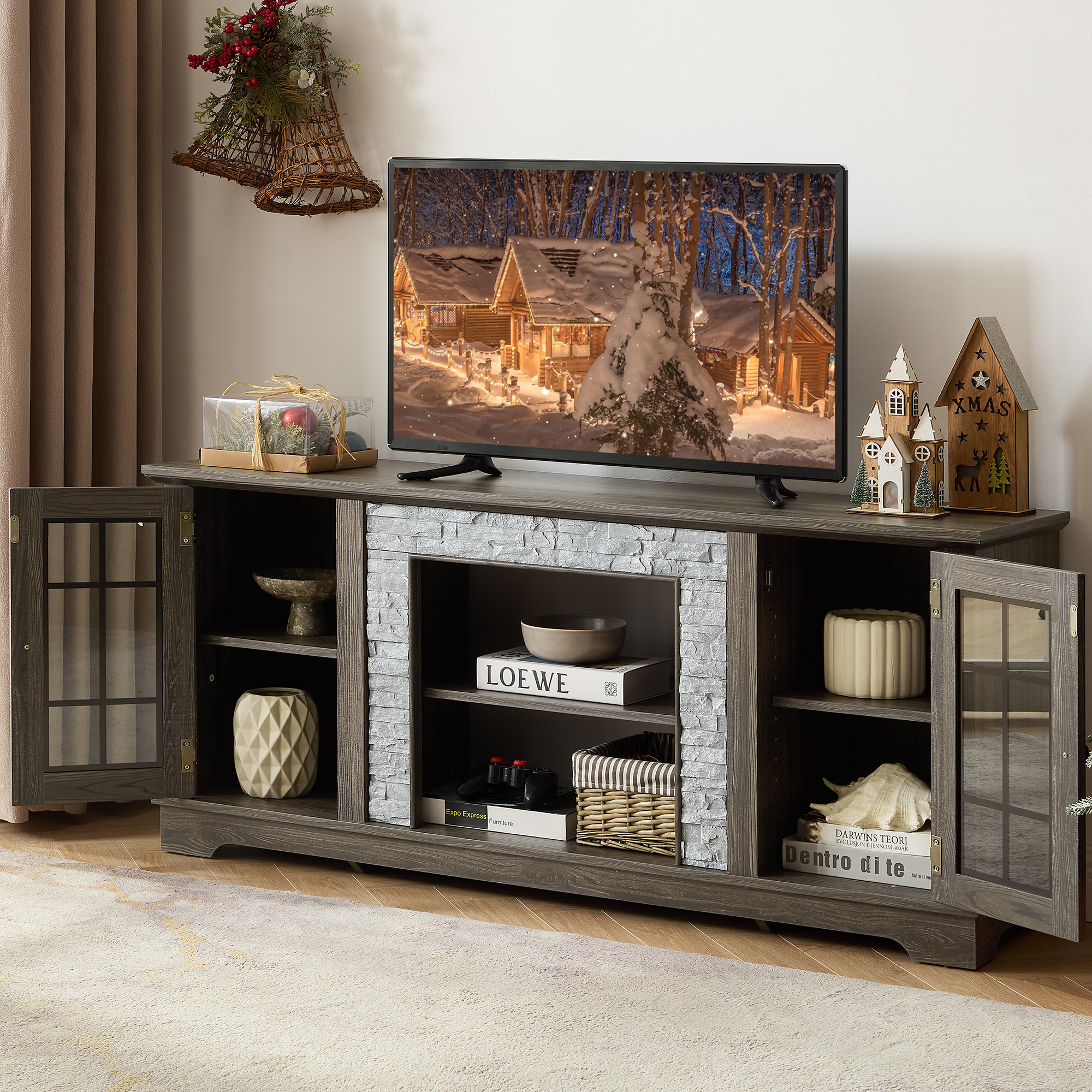 HIUU Farmhouse Gray TV Stands for Living Room,Faux Stone Media Console,Large Entertainment Center with Storage,Entertainment Stand,TV Consoles for Living Room