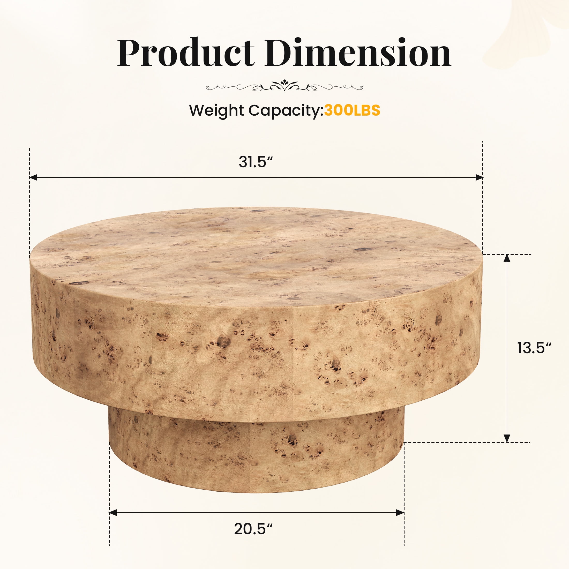 Gelloan 31.5" Round Coffee Table, Modern Drum Burl Coffee Tables for Living Room 31.5" Mid Century Wooden Pedestal Circle Accent Small Center Apartment Easy Assembly,Burl