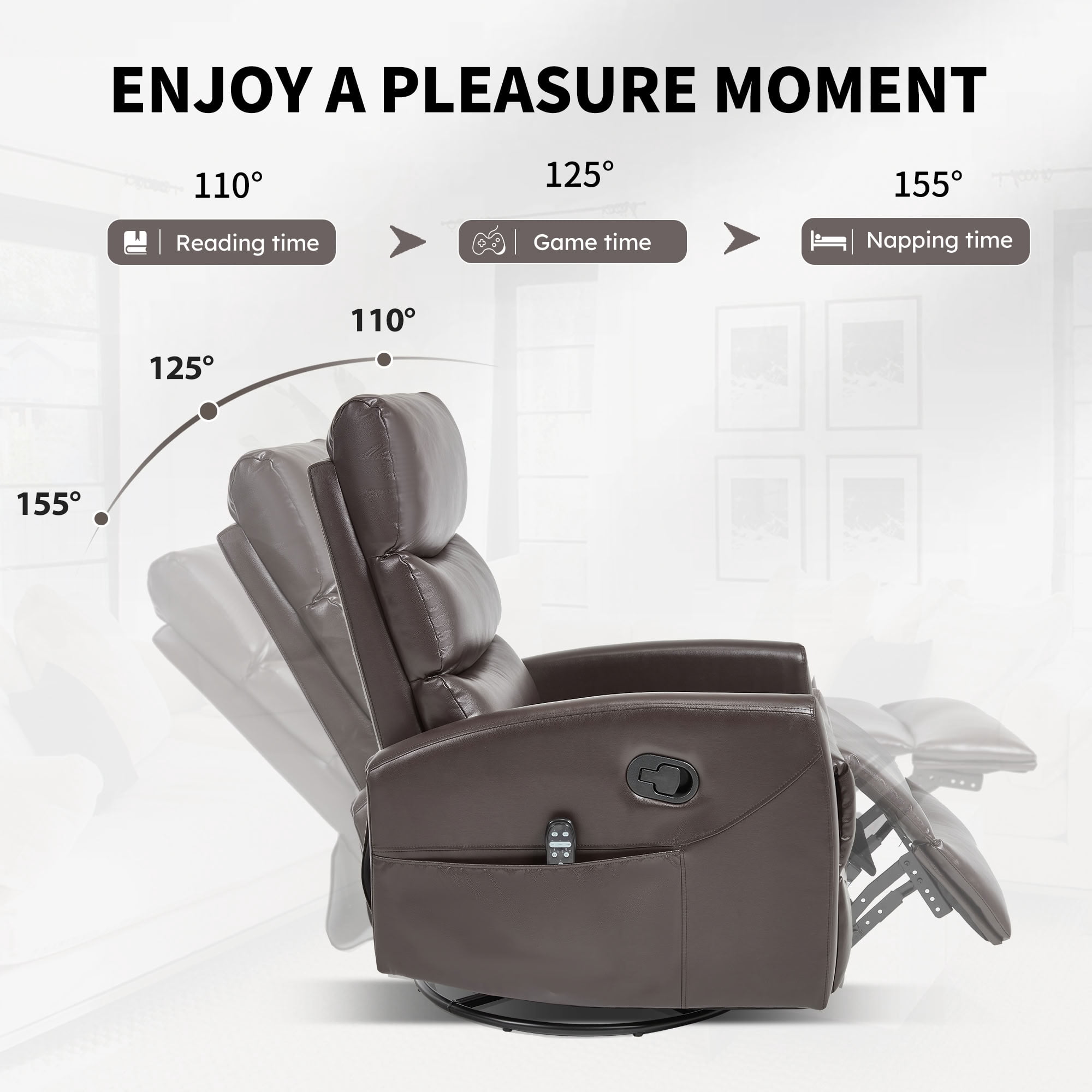 MAYEERTY 360 Degree Swivel Rocker Recliner Chair, Manual Recline Faux Leather Glider Chair with 8-Point Vibration Massage & Lumbar Heat, for Living Room Nursery Bedroom