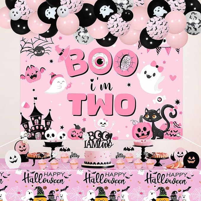 Halloween 2nd Birthday Decoration Girl Boo I’m Two Backdrop Cake Cupcake Topper Table Cloth Pink Black Halloween Foil Balloon Garland Arch Kit for Two Spooky 2 Years Old Birthday Decoration