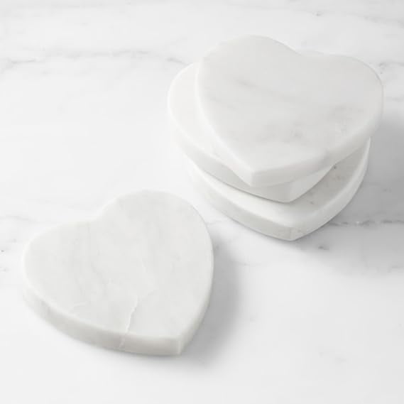 White Marble Heart Shape Coasters – Handmade Stone Coaster Set for Kitchen, Living Room, Bar, Coffee Table (Set of 4)