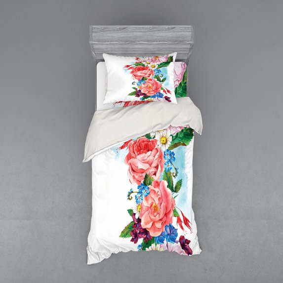 Ambesonne Flower Bedding Set 3 Pcs, Roses Daisies Garden, Twin XL, Multicolor