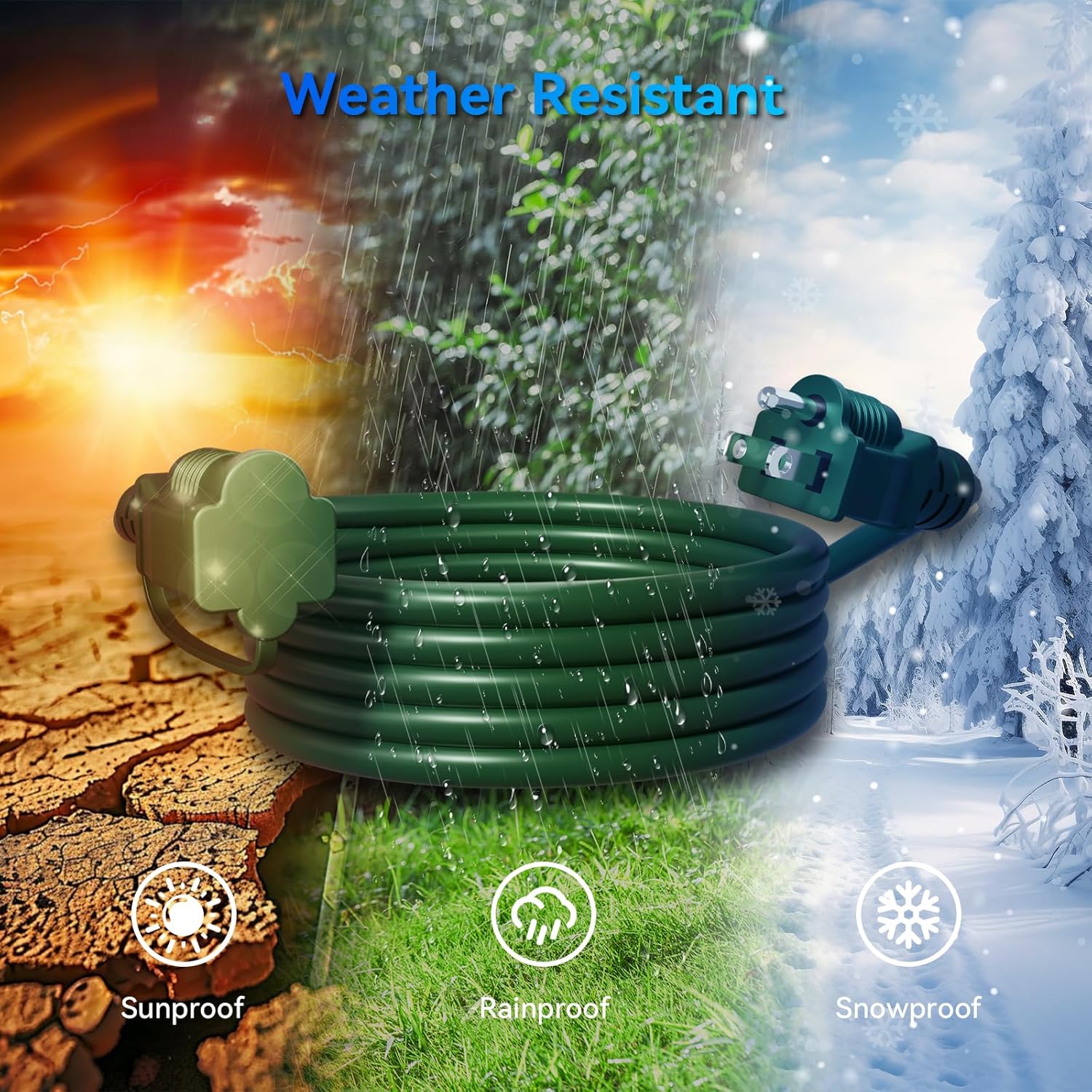 - 40 FT Christmas Lights Outdoor Extension Cord 1 to 3 Splitter, 3 Prong Outlets Plugs, 16AWG/3C SJTW Weatherproof Wire for Holiday Decoration Light, ETL Listed, Green