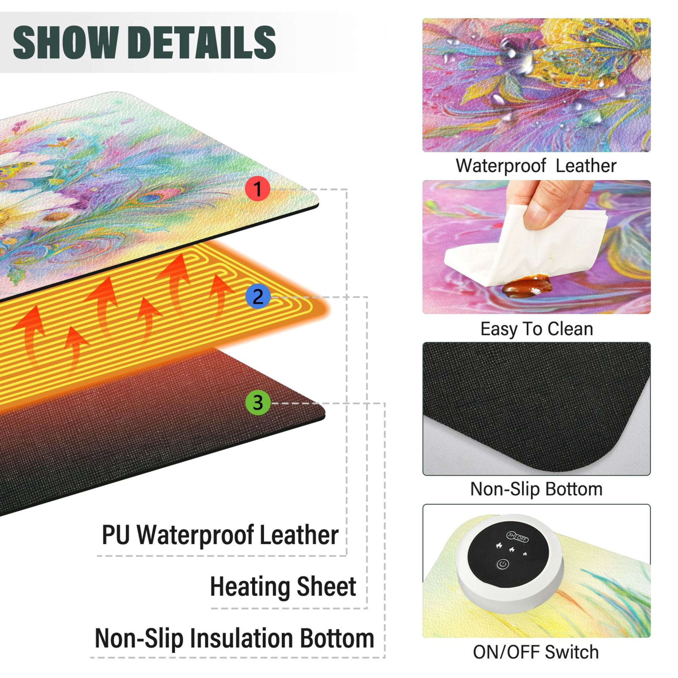 Large Heated Desk Mat Mouse Pad 31.5"x13"PU Leather Graphene Heating Desk Warmer with 3 Temperature Settings 110V US Plug Non-Slip Warm Pad for Home, Office, and Gaming Peacock Feathers Art Pattern