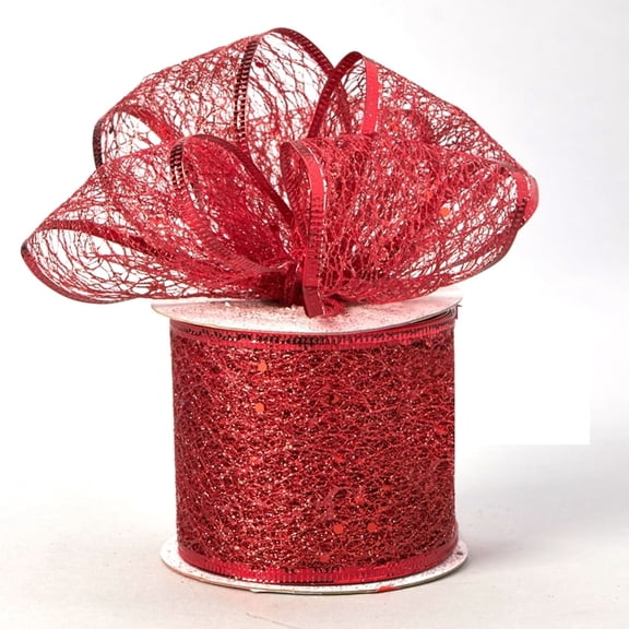 Red Glitter Tulle Ribbon, Wired Edge, 2.5 Inch x 10 Yard
