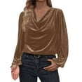 thumbnail image 2 of ClodeEU Women's Satin Silky Cowl Neck Drape Ruched Blouse,Trendy Fashion Long Sleeve Work Tops Khaki,Womens Plus XXXL, 2 of 6