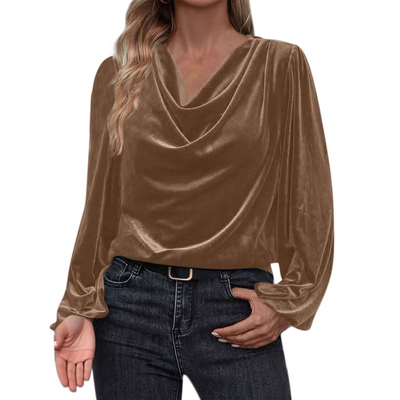 UTSJKR Women's Velvet T Shirts Casual Long Sleeve Solid Shirt Cowl Neck Drape Ruched Front Long Sleeve Blouses Tops Khaki S