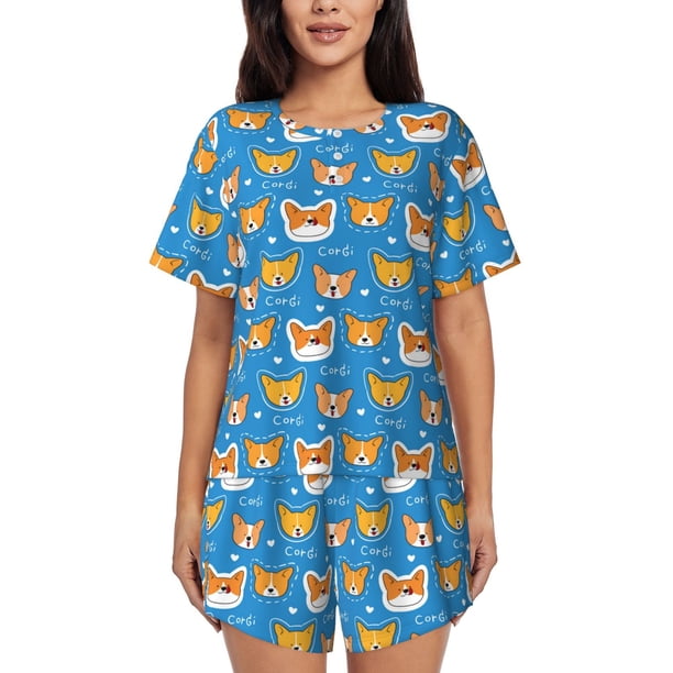 Balery Corgi Dog Face Conjunto de Pijama para Mujer con Estampado, Dos Piezas de Manga Corta y Shorts, Ropa de Dormir Suave con Cuello Redondo y Bolsillos-X-Large