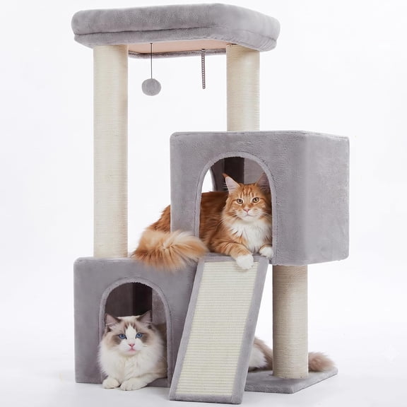 Cat Tree, 30 Inches Cat Tower with Dual Condos for Indoor Cats, Plush Cat House with Padded Perch, Scratching Ramp and Posts and Replaceable Balls-Gray