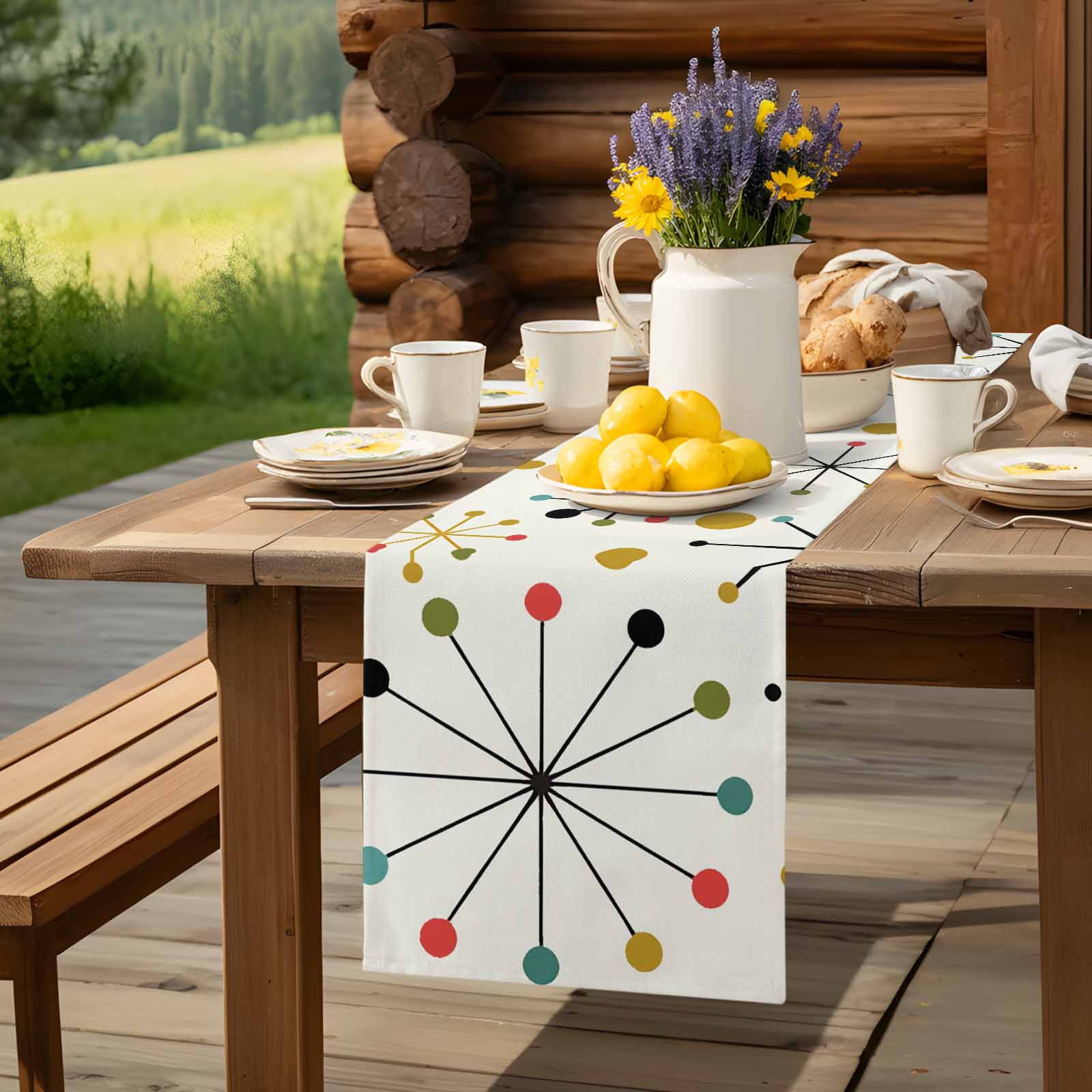 Mid Century Abstract Geometric Table Runner 90 Inches Long, Modern Colorful Atomic Table Runners Tabletop Scarf Kitchen Dining Tables Decoration for Home Party Indoor Outdoor