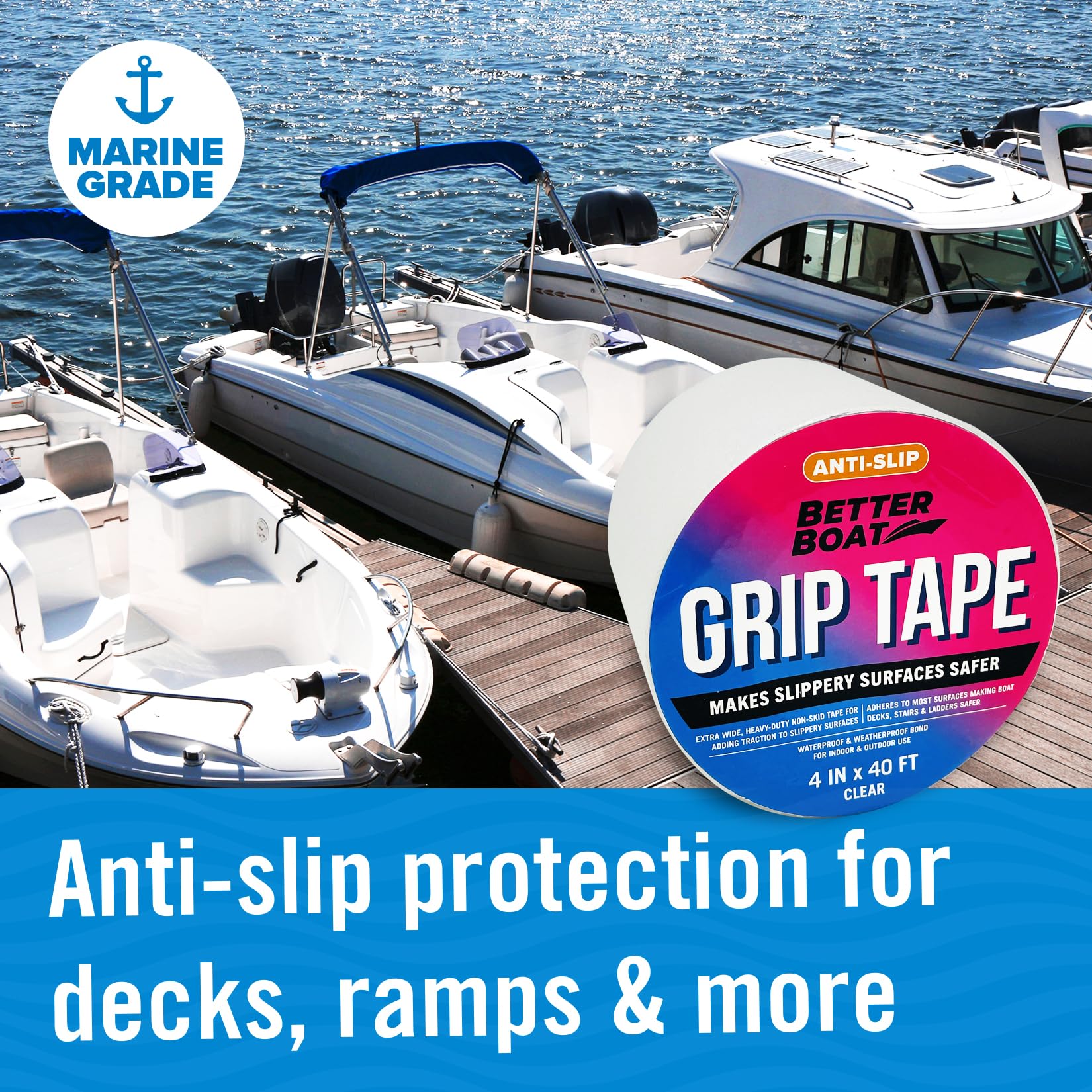 Better Boat Clear Anti-Slip Grip Tape, PEVA Non-Skid Adhesive for Outdoor Stairs, 4-in x 40ft