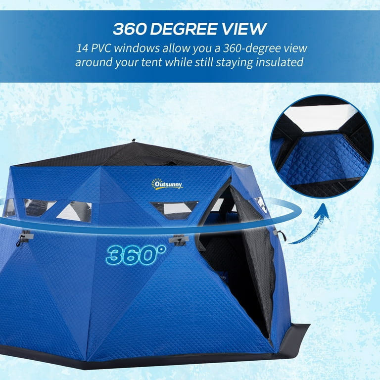 Outsunny 4 Person Insulated Ice Fishing Shelter 360-Degree View, Pop-Up Portable Ice Fishing Tent with Carry Bag, Two Doors and Anchors, Dark Blue
