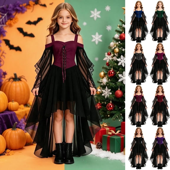 FRSASU Girls Halloween Dress off Shoulder Lace Up Sleeves High-Low Tulle Skirt Dress for theme Party Wine