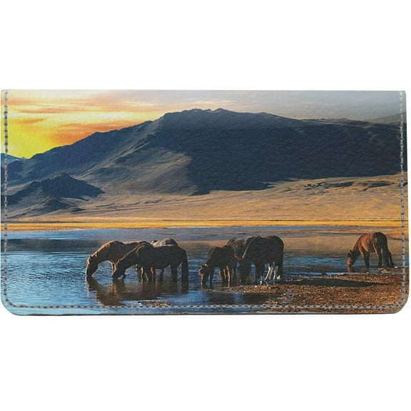 Artistic Sunset Horses Designer Checkbook Cover, Credit Card Slots & Pen Loop