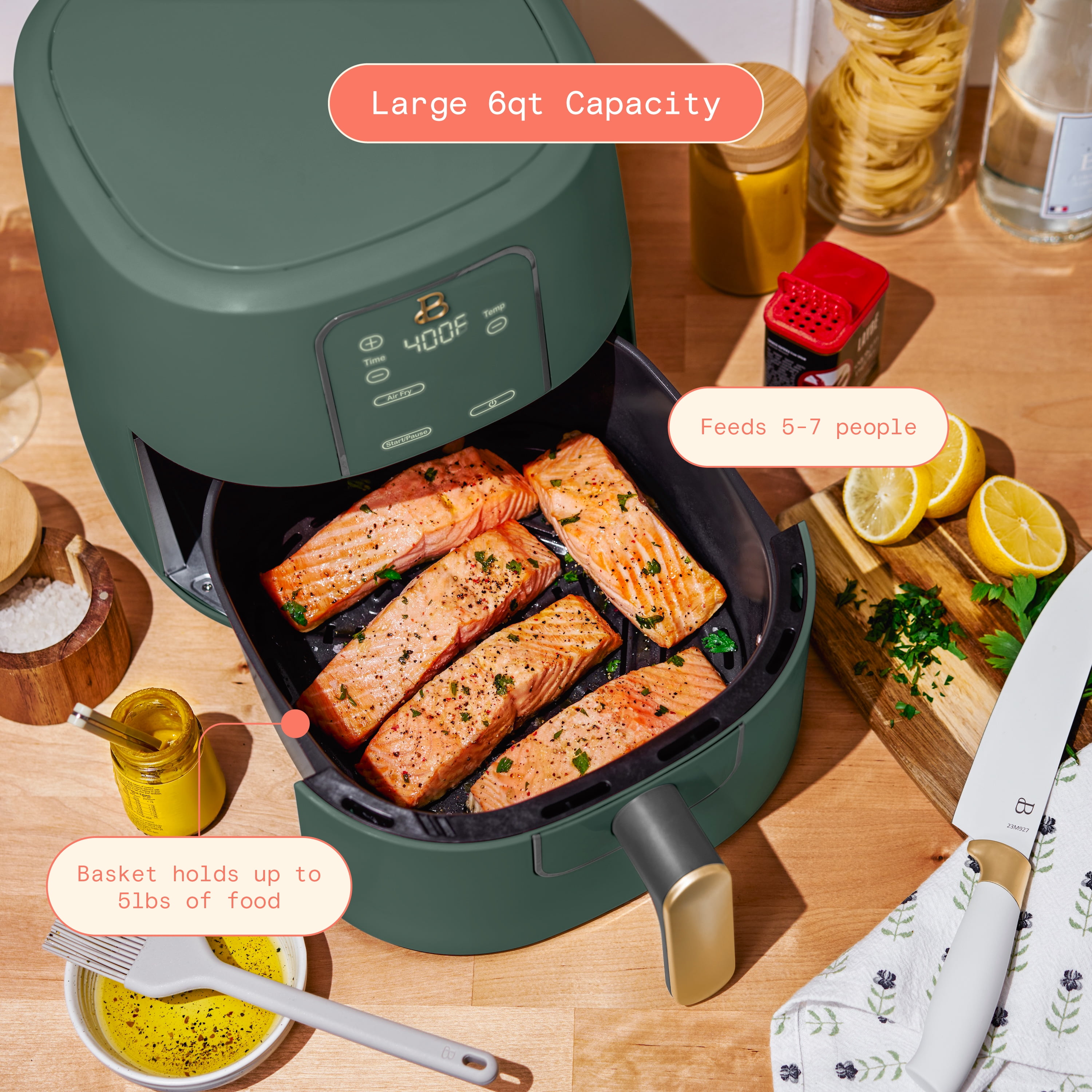 Beautiful 6 Qt Air Fryer with TurboCrisp Technology, EverGood Ceramic Nonstick Coating, Thyme Green by Drew Barrymore