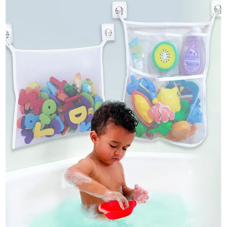 Jeexi Bath Toy Organizer Storage Mesh – 2 Pack with ABC Letters & 0-9  Numbers, Hanging Baby Bath Toy Holder with Adhesive Hooks & Suction Cups,  Mesh Net Shower Caddy for Bathtub