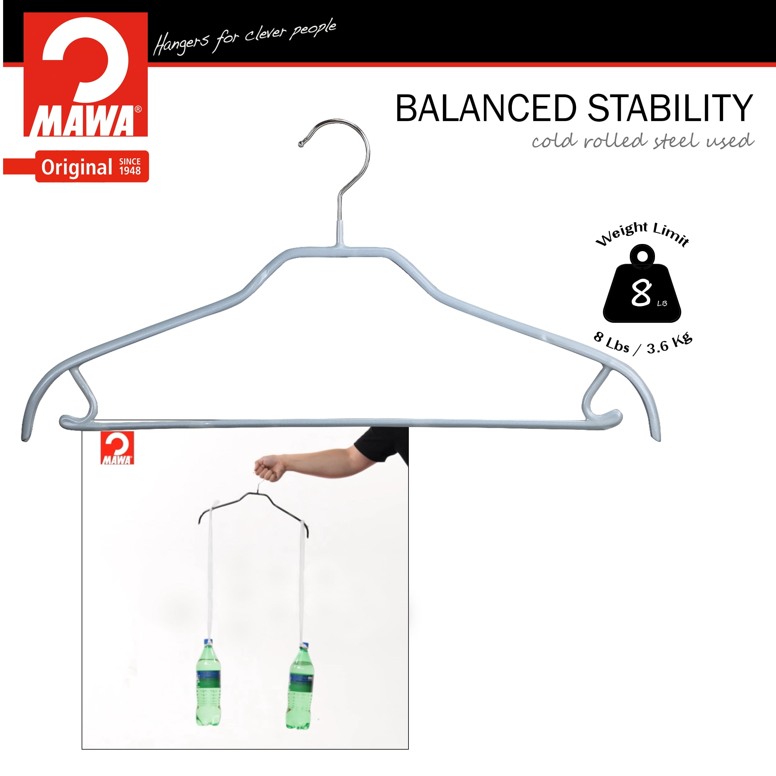 Mawa by Reston Lloyd Silhouette Series Non-Slip Space Saving Hanger with Pant Bar/Skirt Hook, Style 41/FRS, Set of 5, Silver