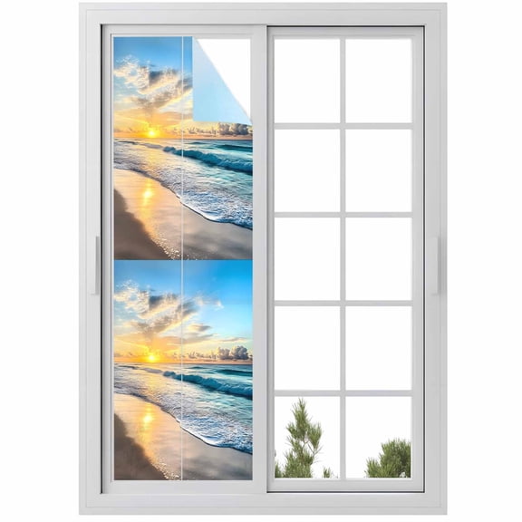Ocean Sunset Window Privacy Film, Beach Blue Sky Coastal Seashore Summer Static Cling UV Sun Blocking Heat Control Window Tint Day and Night, Non-Adhesive One Way Windows Privacy Cover 17.7''x78.7''