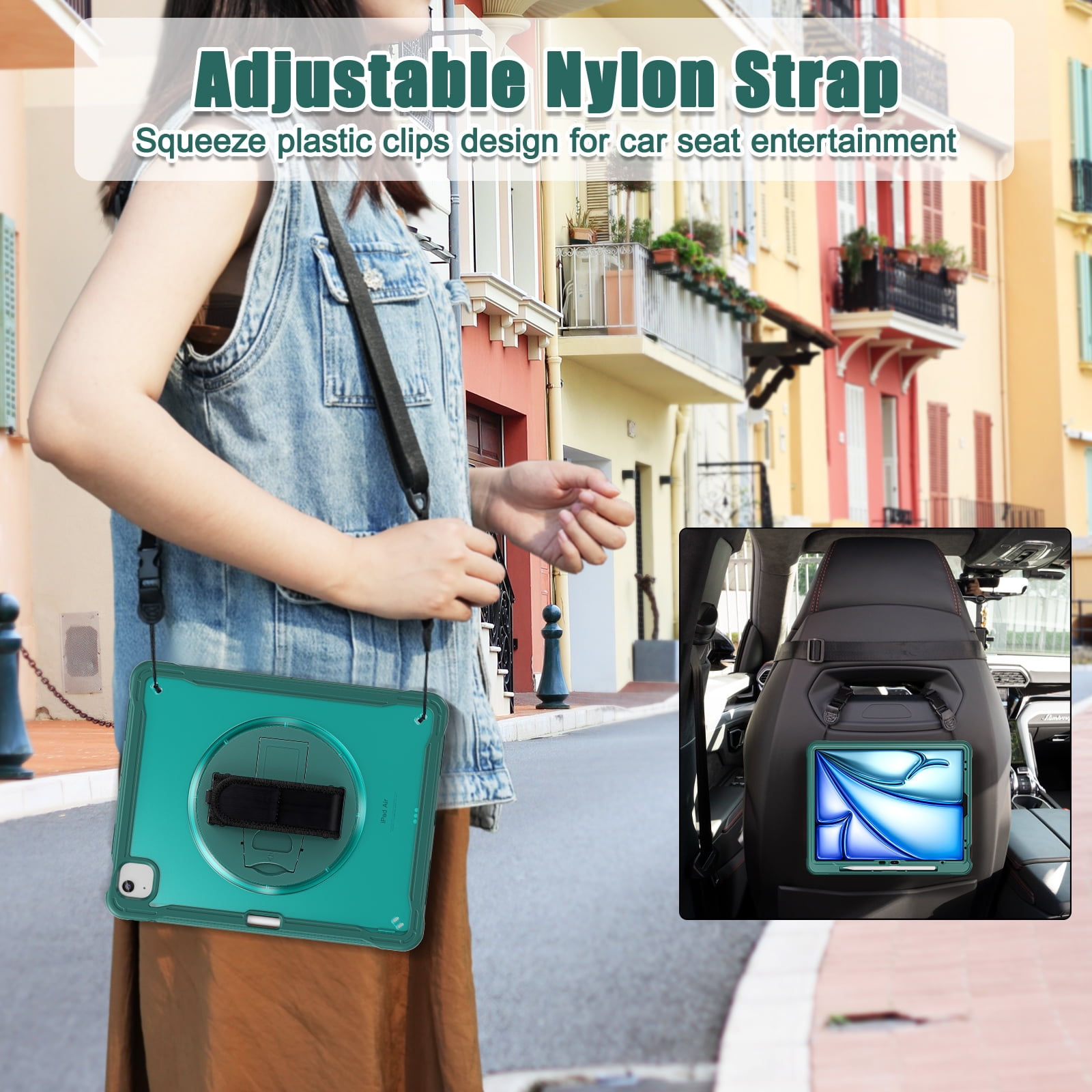 Dteck Case for iPad Air 13 inch 2025/2024,Military Grade Shockproof Silicone Cover 360° Rotatable Stand- Shoulder Strap- Handle- Pencil Holder for iPad Air 13-in. M3/M2,Darkgreen